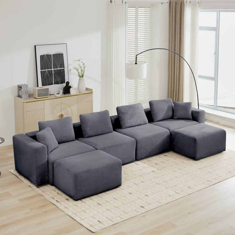 U-shaped Corduroy Sectional Sofa with 2 Large Ottomans, Square Arms & Ottoman Extension