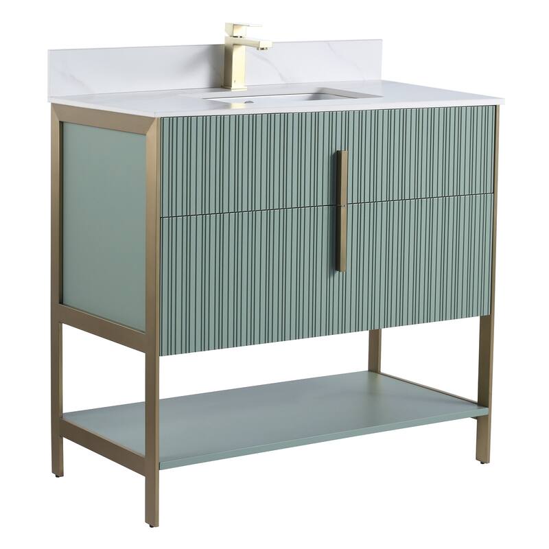 Fine Fixtures Serenity Modern Bathroom Vanity with White Carrara Stone Top - Mint Green - Brass Hardware - 36 inch
