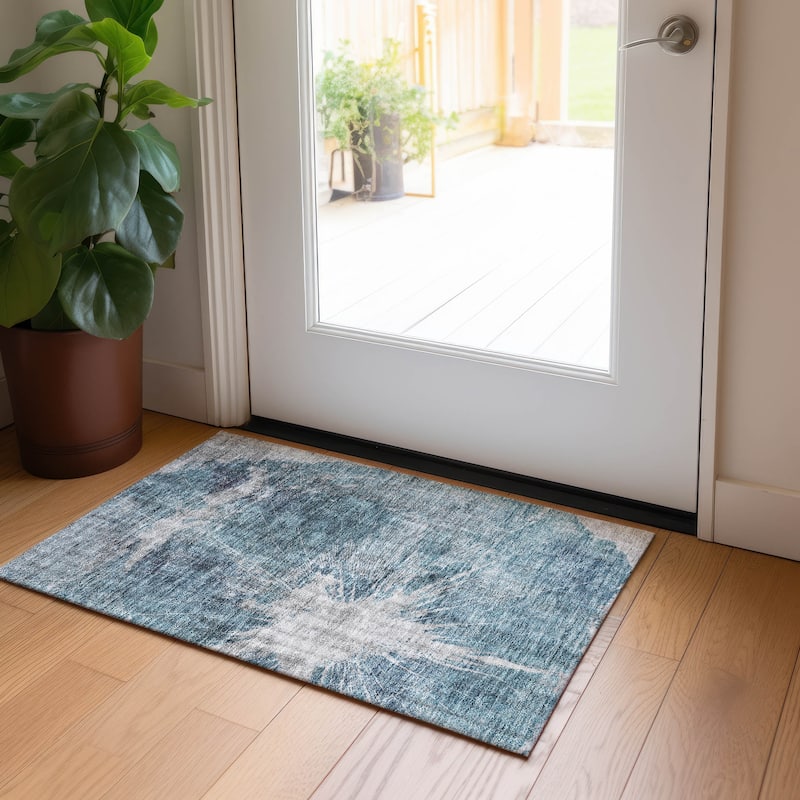 Machine Washable Indoor/ Outdoor Chantille Modern Tree Grain Rug - Teal - 1'8" x 2'6"