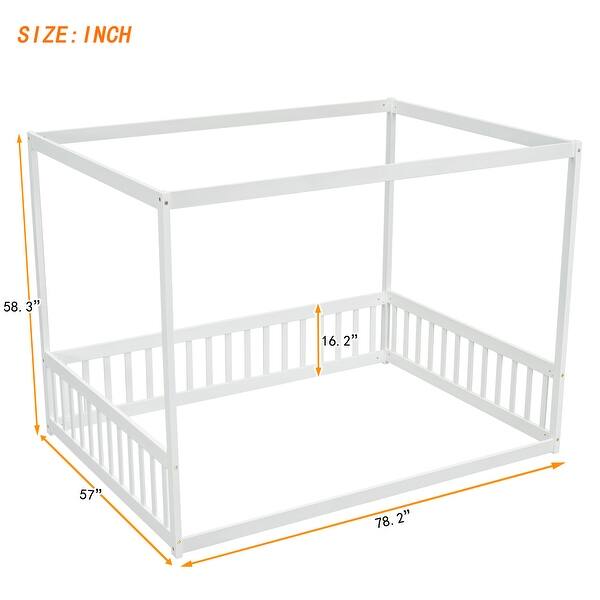 White Full Size Pine Wood Canopy Frame Floor Bed with Fence and Guardrails for Bedroom