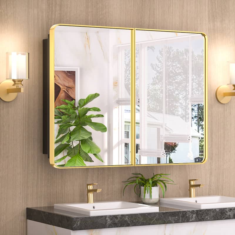 KEONJINN Medicine Cabinets for Bathroom with Mirror, Stainless Steel 1-3 Framed Doors - 32''x40'' - Gold