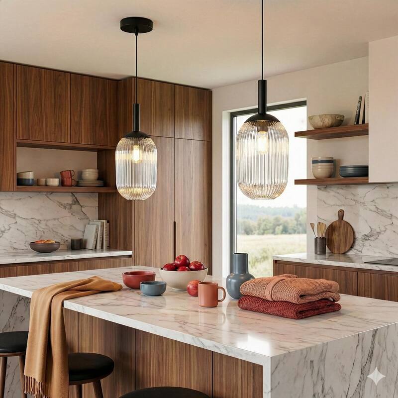 Teen Black Modern Pendant Light with Ribbed Glass Shade