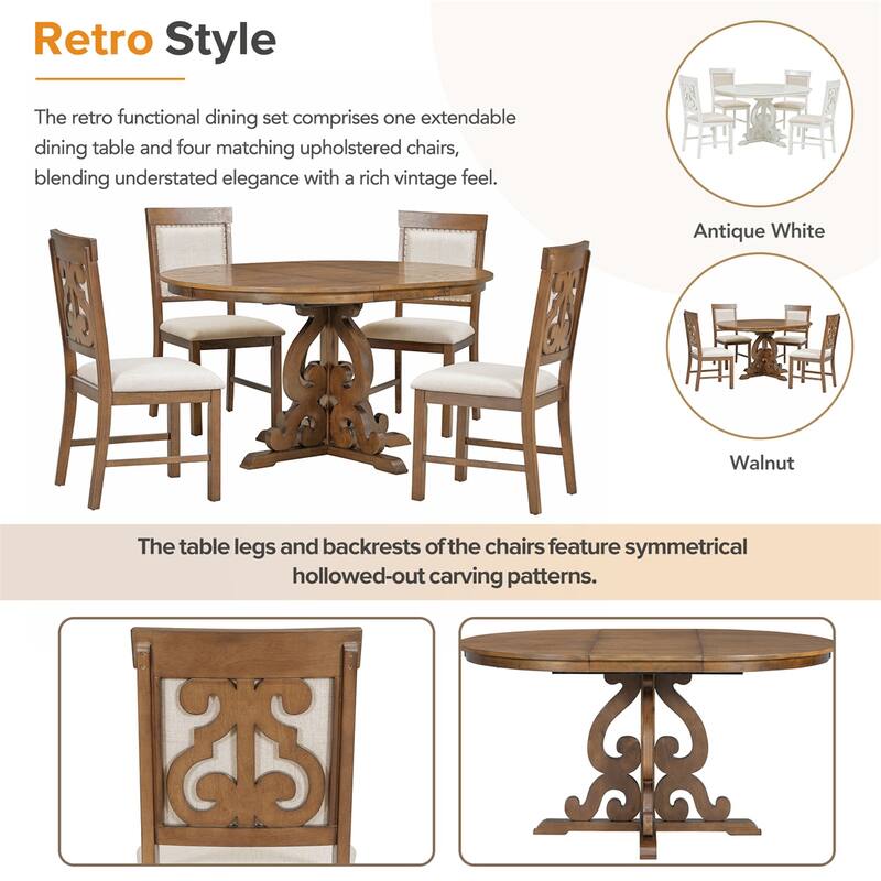 5-Piece Retro Dining Set, Extendable Table and 4 Upholstered Chairs