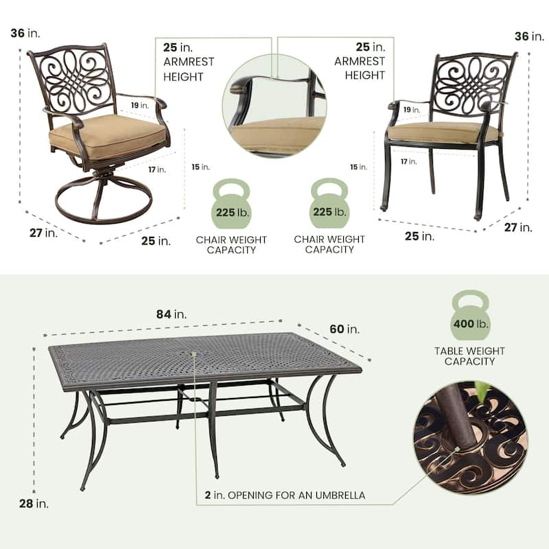 Hanover Traditions 11-Piece Dining Set in Tan with Four Swivel Rockers, Six Dining Chairs, and an Extra-Long Dining Table