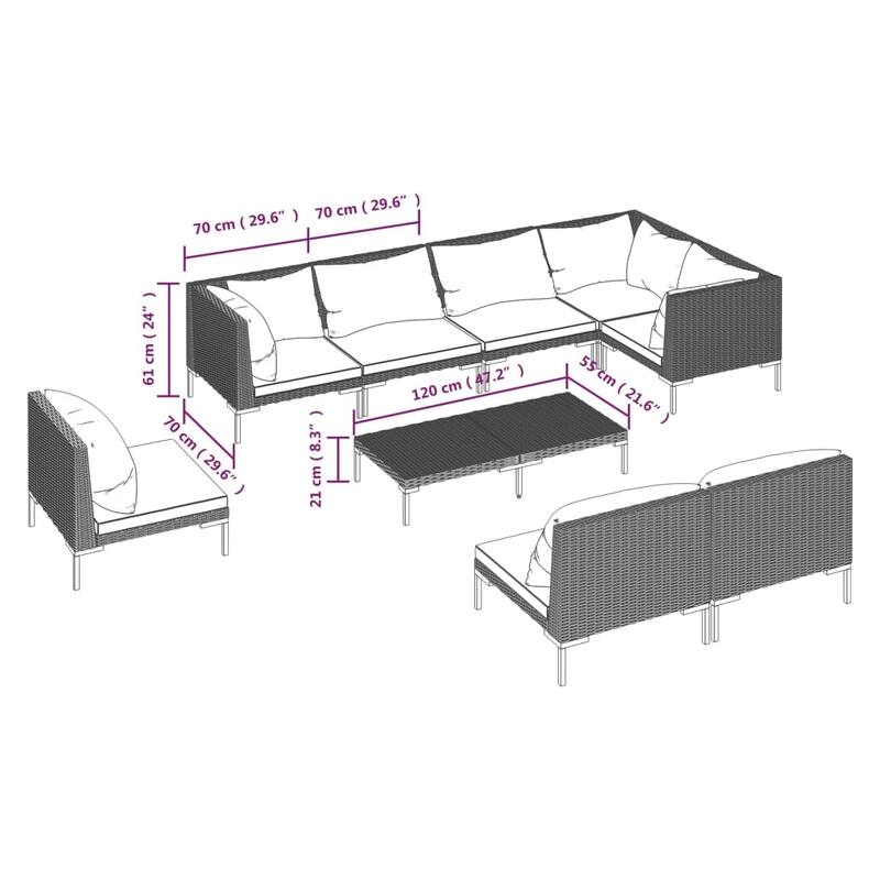 vidaXL Patio Lounge Set Outdoor Sectional Corner Sofa Poly Rattan Dark Grey - 27.6" x 27.6" x 24"