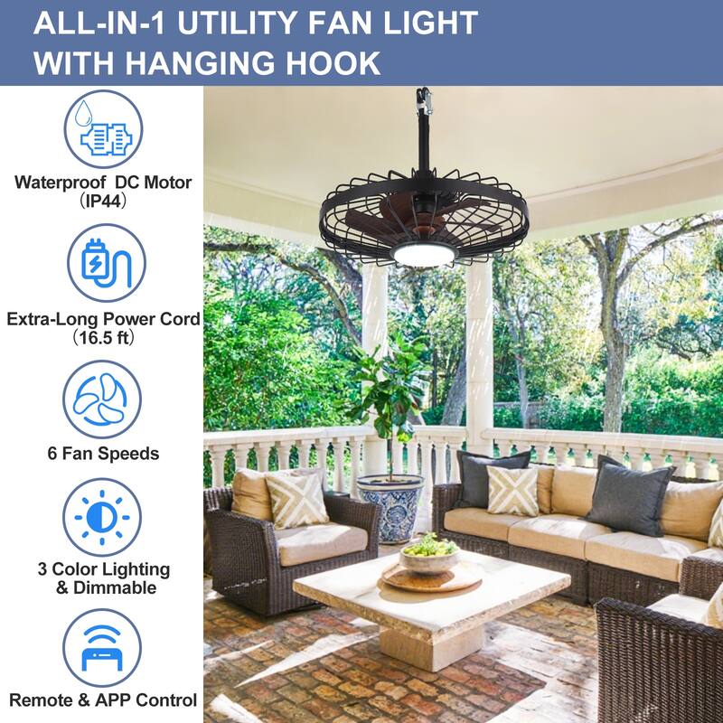 Outdoor Ceiling Fan with Light: 20 Inch Waterproof Gazebo Hanging - Plug in Remote App Control Caged Fans - 6 Speed Black