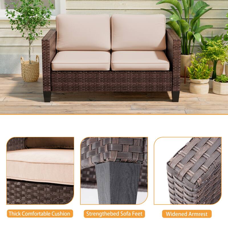 Livoosun Patio Loveseat Sofa Outdoor Wicker Couch, 2-Seater Furniture with High Back and Removable Cushions