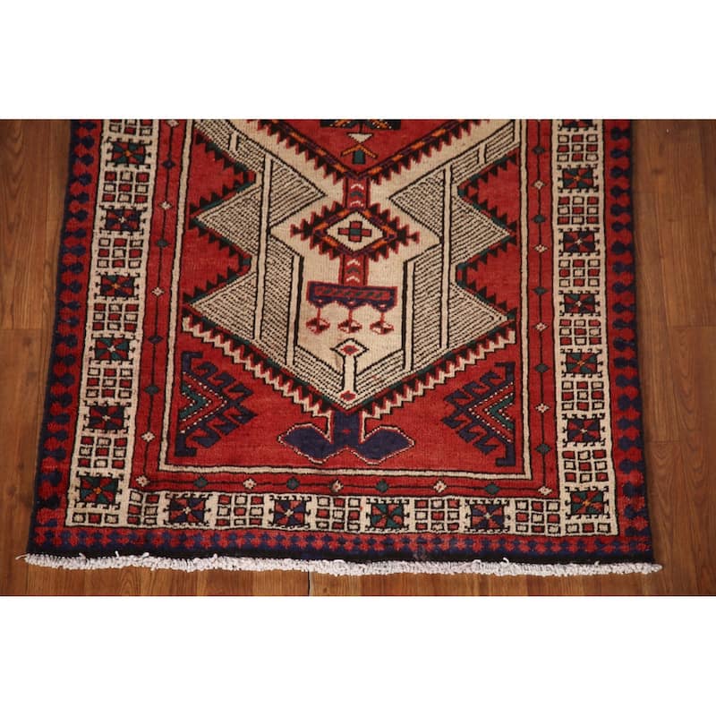 Red Ardebil Persian Vintage Runner Rug Handmade Wool Carpet - 3'2"x 9'8"