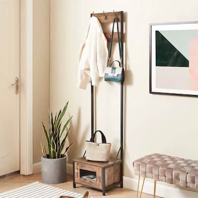 Brown-Black Steel Metal Industrial Hall Tree with Shoe Bench, Hooks and Storage Cabinet - 15.7'' W X 12.2'' D x 72” H