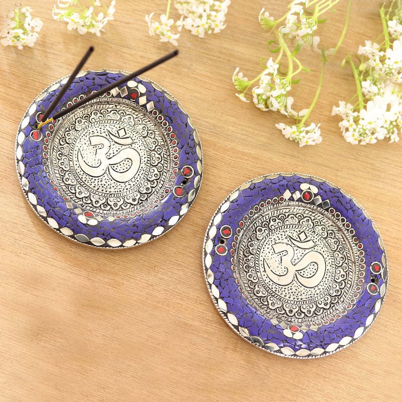 Novica Handmade Rewari Om Aluminum Incense Holders (Pair)