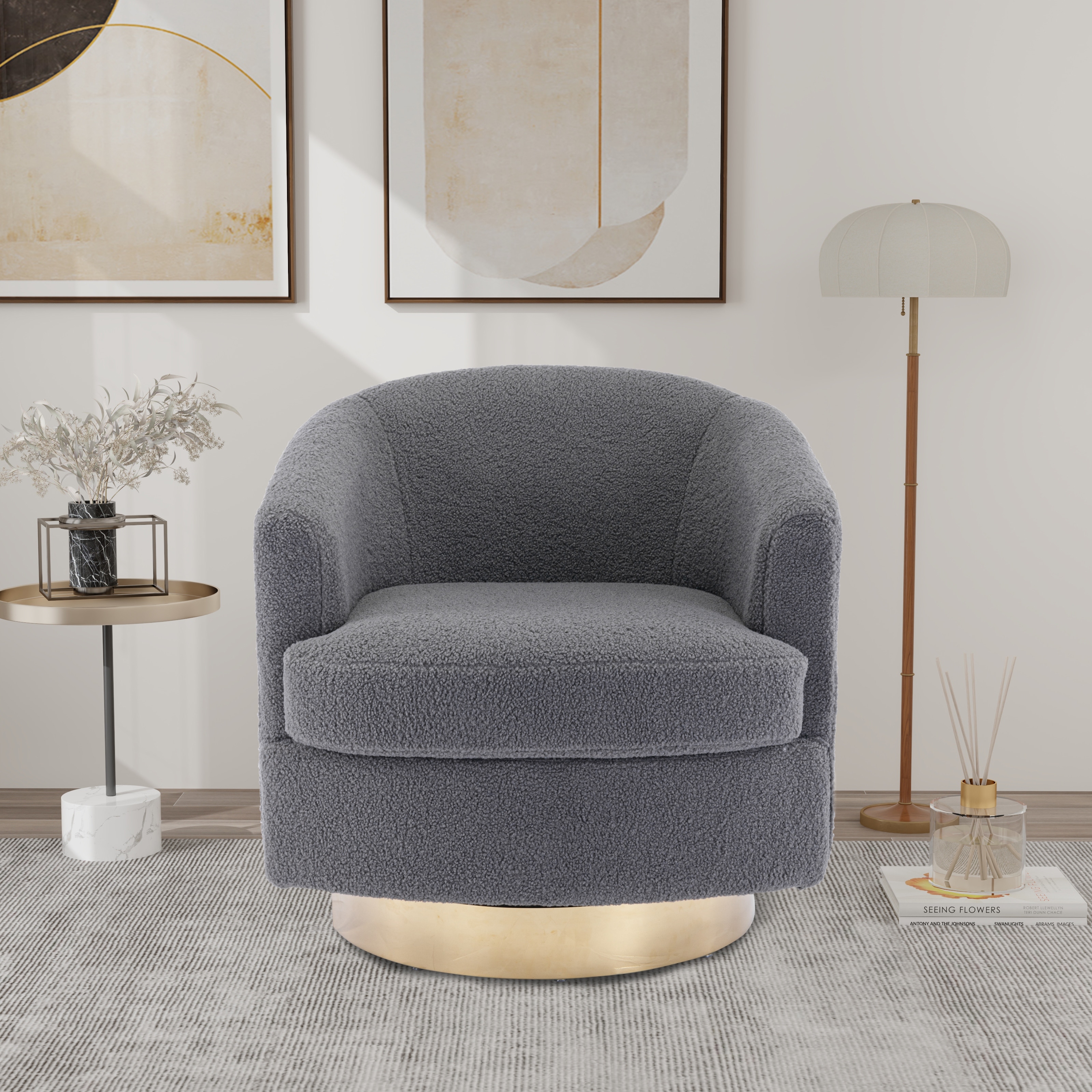 Boucle Swivel Accent Arm Chairs Barrel Chairs for Livingroom