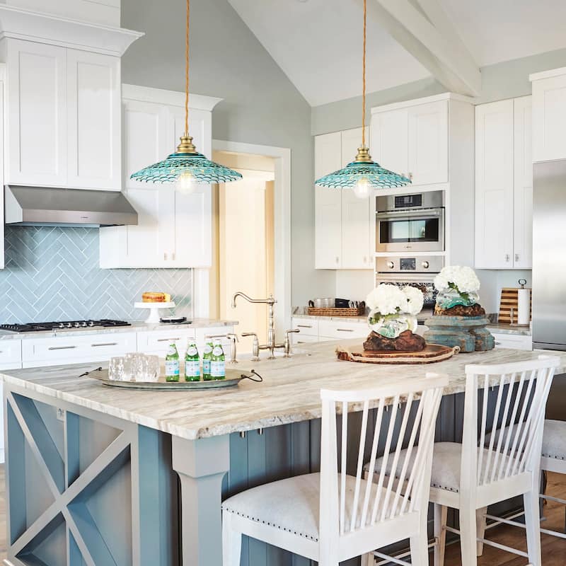 1-Light Vintage Brass & Textured Blue Glass Pendant Light for Kitchen Island, Dining Room - 1 Light