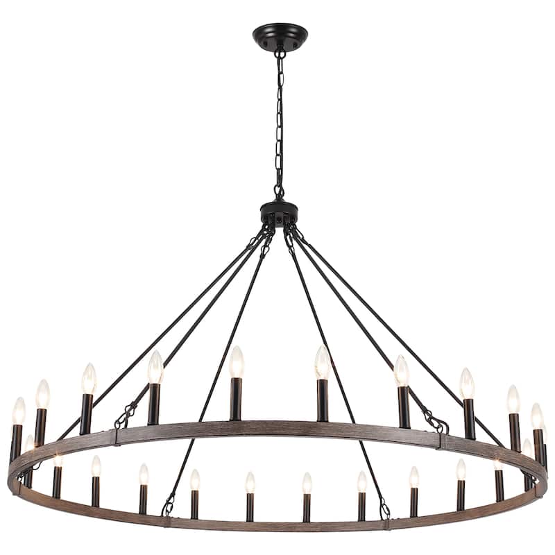 24 - Light 52in. Lagre Dimmable Wagon Wheel Chandelier Farmhouse Round Vintage Candle Style Light - N/A
