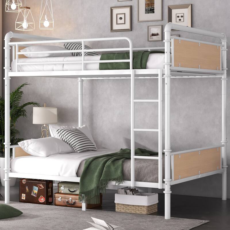 Twin XL Over Twin XL Bunk Beds , Industrial Heavy-Duty 2 in 1 Twin XL Bunk Bed with Ladder and Slats Support, High Guard Rail - White