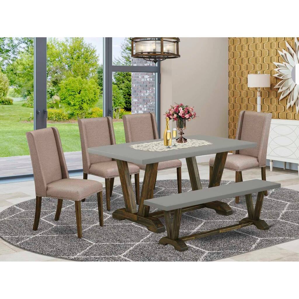 HomeStock 6-Pc Rectangle Natural Oak Finish Solid Wood Top Dining Table with 1-Bench, 4-Chairs