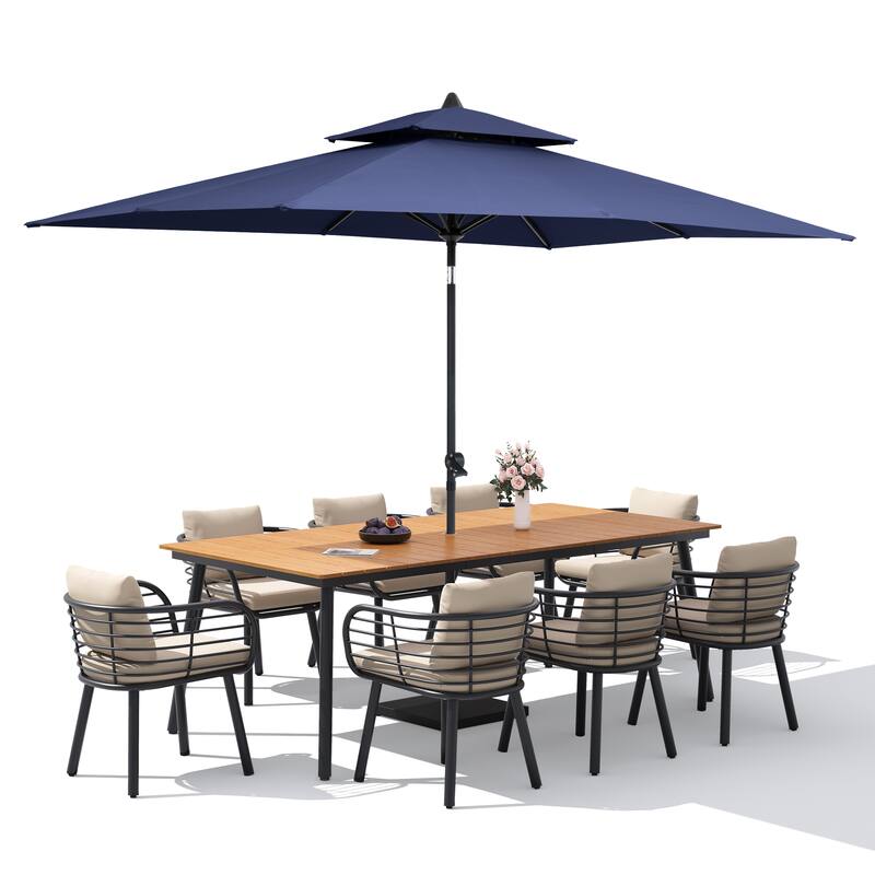 9/11-PieceOutdoor Patio Dining Set with Sunbrella Cushions Aluminum Dining Table and Chairs w/10 ft Umbrella and Base