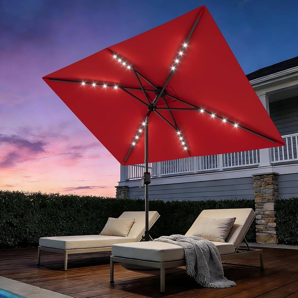 10' x 6.5' Solar Patio Umbrella with Crank and Push Button Tilt for Garden, Deck, Lawn, Pool with Lights (No Base)