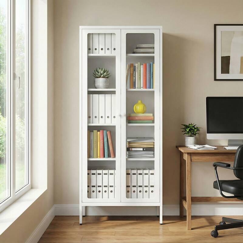 67" Display Curio Glass Metal Storage Cabinet Bookshelves with Glass Doors and 4 Adjustable Shelves - White