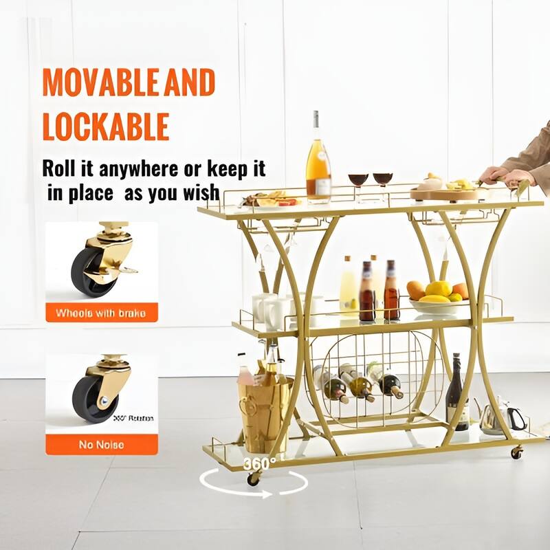 3 Tiers Gold Metal Bar Serving Cart with Wine Rack Glass Holder 180 LBS - Multi