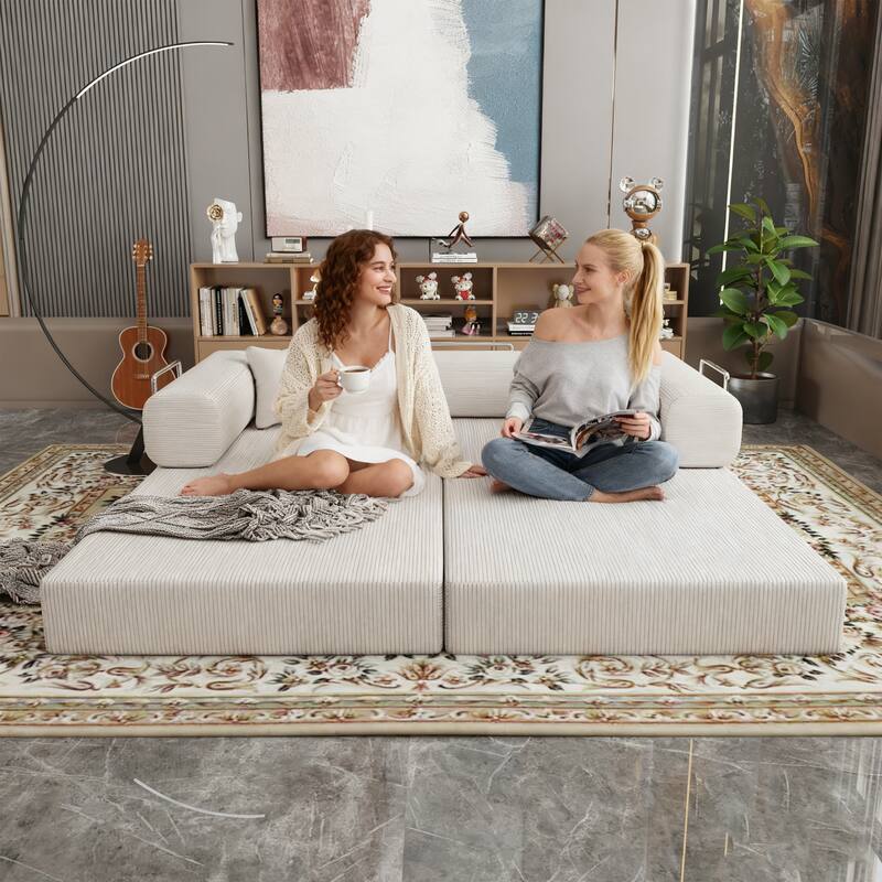 Convertible Couch Modular Sofa Bed with Wide Armrests, Beige Upholstered Sofa Couch with Pillows for Living Room