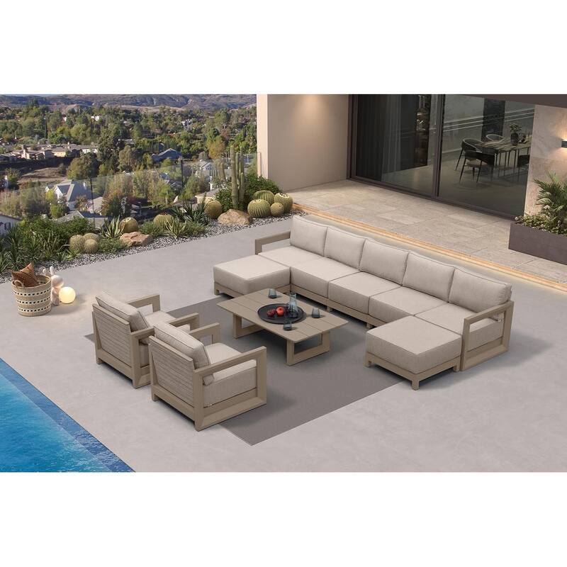 PURPLE LEAF Caesar Khaki Sofas Sectionals 4-18 Piece with 9.6" Thick Cushion for Yard Porch Deck Outdoor Patio Conversation Sets - 7 Seats+2 Ottomans+1 Table - Enclosed