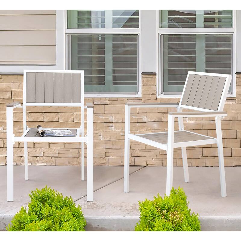 Patio 2-Piece Dining Chairs, Outdoor Faux Wood Chairs Stackable Design - Beige