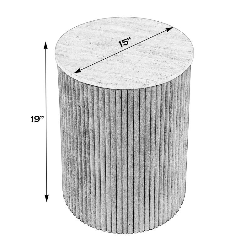 Ruby 15 in. W Round Fluted Travertine and Wood Side Table