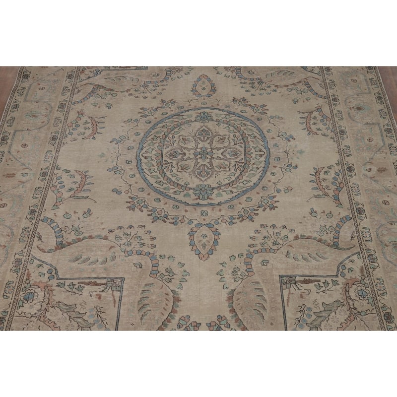 Medallion Tabriz Persian Area Rug Oriental Beige Handmade Wool Carpet - 6'9"x 9'7"