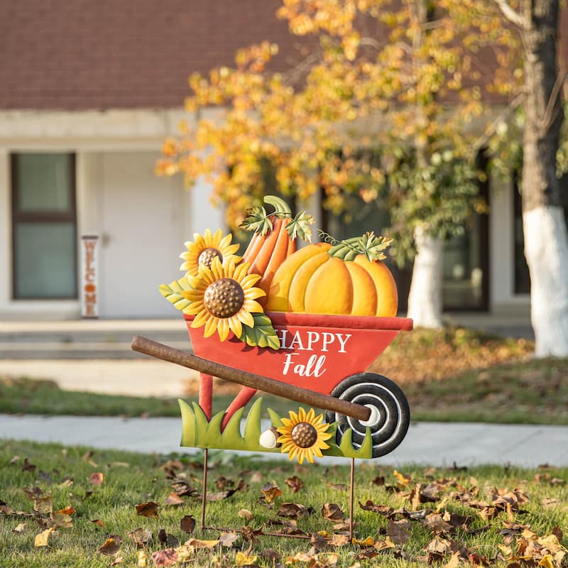 Glitzhome 30"H Fall Metal Wheelbarrow Pumpkin Welcome Barrel Yard Stake Thanksgiving Decor - Wheel Barrow