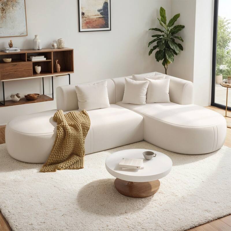 Curved Sectional Sofa with L-Shaped Chaise Lounge, Chenille Upholstered Cloud Sofa, 4 Seater Floor Sofa with 4 Pillows - Beige