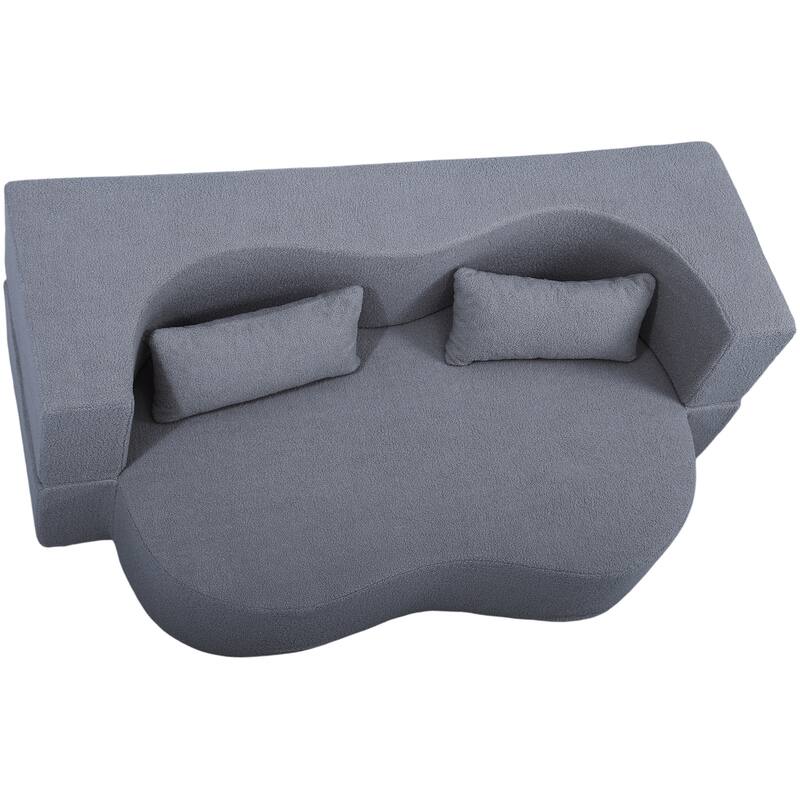 2-in-1 Convertible Loveseat Sofa Bed, Full Size Floor Bed Mattress, Folding Teddy Fabric Futon Couch with 2 Pillows