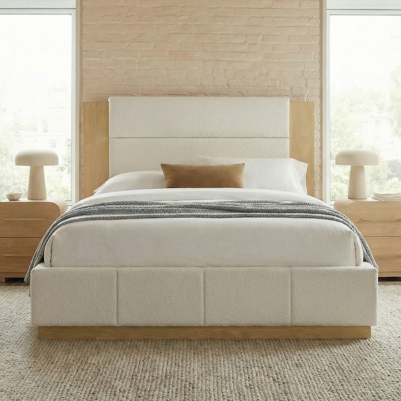 Upholstered Bed Low Profile Platform Bed Modern Wood Base Grounded Bed with Extended Wood Headboard and Upholstered Wingback