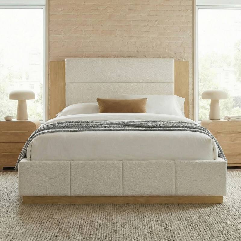 Velvet Upholstered Platform Bed Frame with 49" High Headboard, Stable Solid Wood Base, Wooden Slat Support, Noise-Free Structure - White - Queen