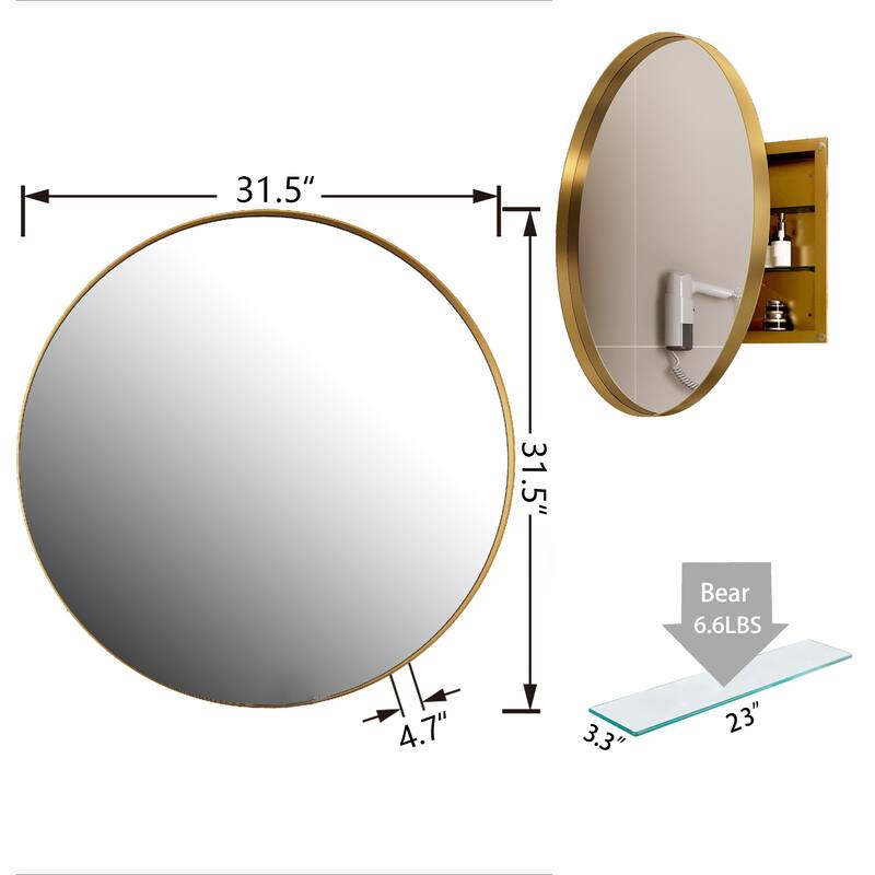 31.5 Inch Surface Mount Round Metal Framed Medicine Cabinet with Mirror and Adjustable Shelves Black Wall Mirror with Storage