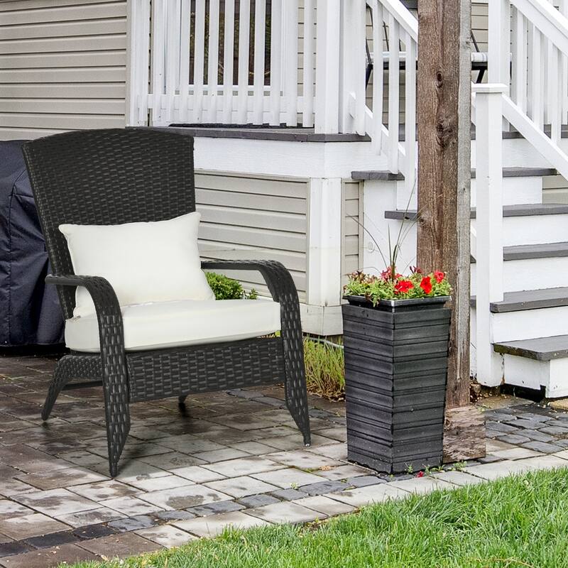 Outdoor Wicker Adirondack Chair, Patio Fire Pit Chair with Soft Cushions, Tall Curved Backrest & Armrests