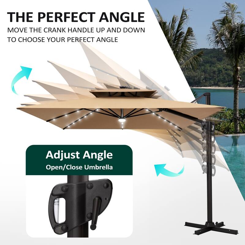 9 X 11 FT Outdoor Patio Cantilever Umbrella with Solar Lights Double Canopy 360 Rotation Tilt