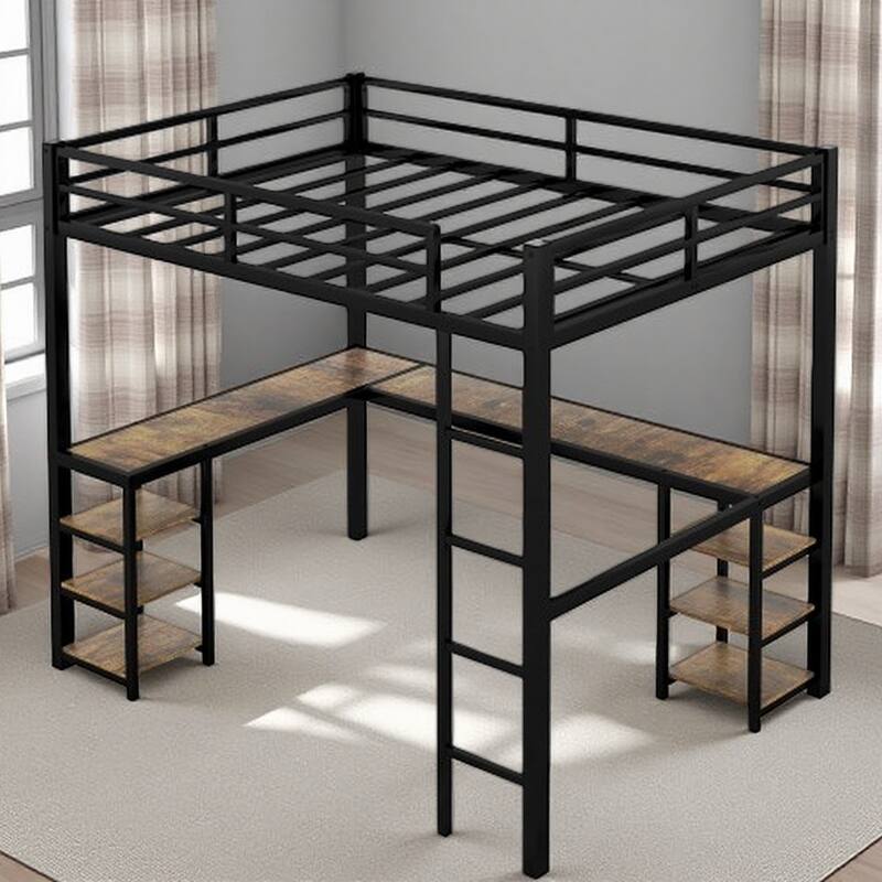 Full Size Metal Loft Bed with L-Shaped Workstation, Built-In Shelves and Guardrails - Black - Twin XL