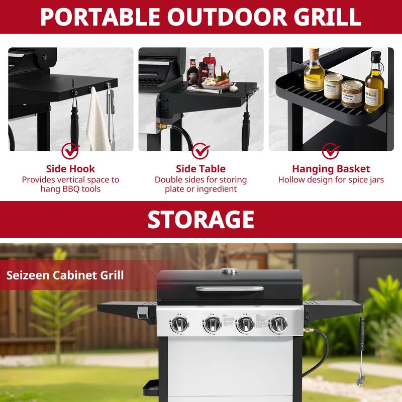 4-Burner 36,000BTU Propane Gas Grill with Brush, Stainless Steel Camping Stove with Foldable table, Hanging Basket, Support Legs