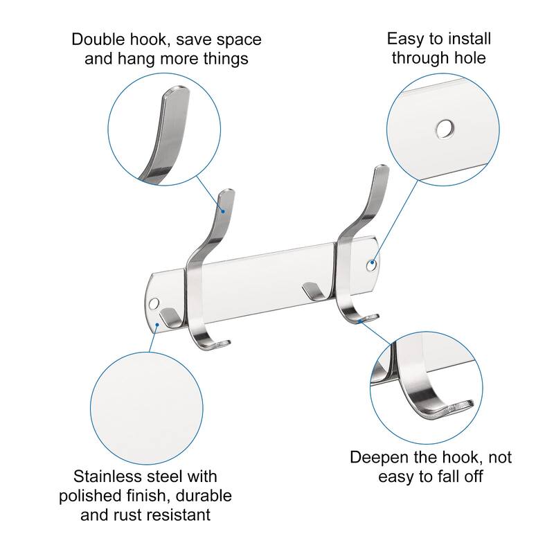 Coat Hook Rack Wall Mounted with 2 Hooks Hook Rail Wall Hangers Silver