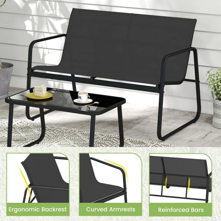 4 Piece Black Metal Fabric Rocking Bistro Set with Coffee Table Outdoor - Rocking Chair: 28.5” x 24” x 31.5” (L x W x H)
