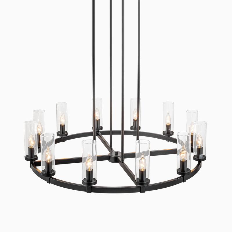 12-Light Mid-Century Modern Gold/Black Clear Glass Large Wagon Wheel Chandelier for Dining Room/ Living Room