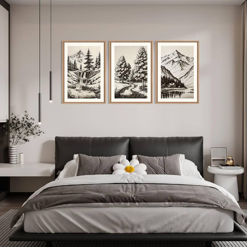 Vintage Mountain Sketch Framed Canvas Wall Art Set