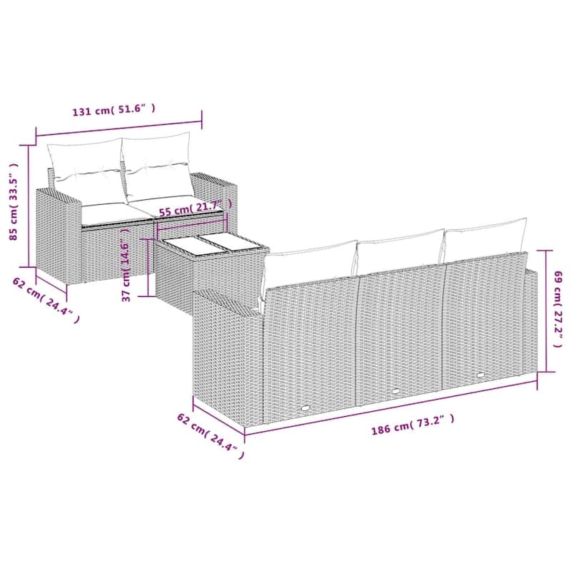 vidaXL Patio Sofa Set with Cushions Outdoor Furniture 6 Piece Poly Rattan - 21.7 x 21.7 x 14.6