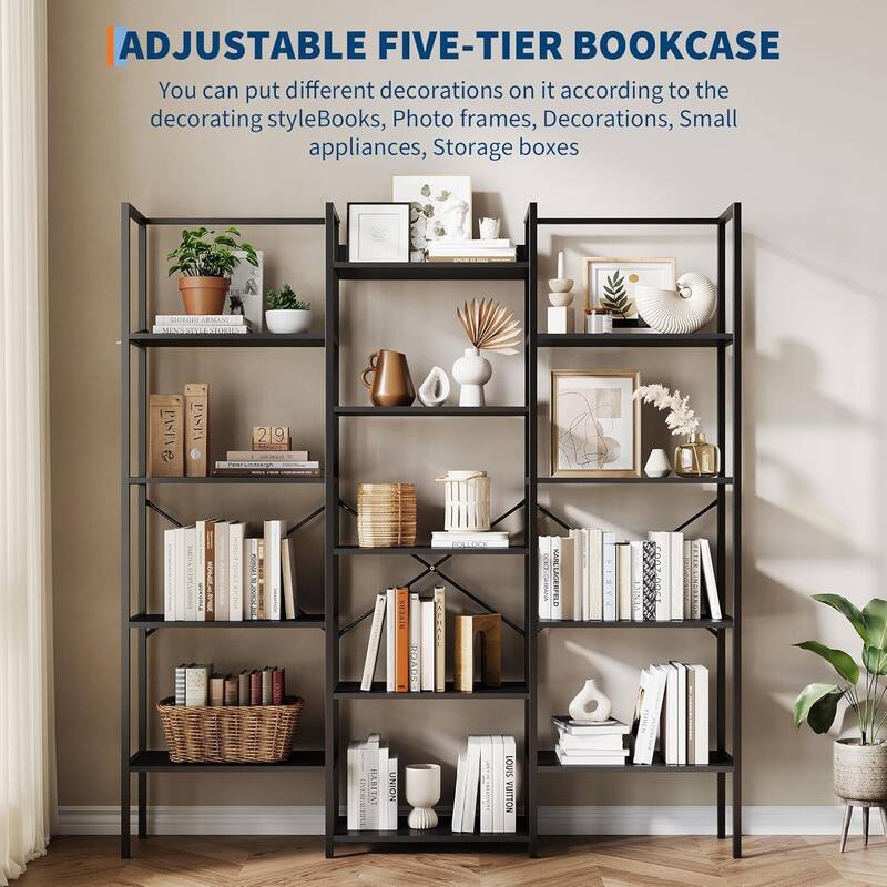 Triple Column 5-Tier Bookshelf, Rustic Bookcase with 14 Open Adjustable Shelves