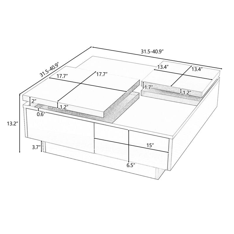 Modern Square Wood Coffee Table with Movable Top and 4 Hidden Storage Drawers