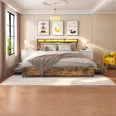 King Size Platform Bed with Smart LED Lights and Charging Station - 4-Drawer Underbed Storage, USB/Type-C Outlets