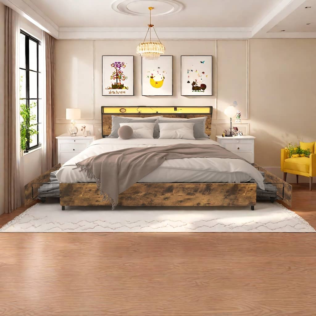 King Size Platform Bed with Smart LED Lights and Charging Station - 4-Drawer Underbed Storage, USB/Type-C Outlets
