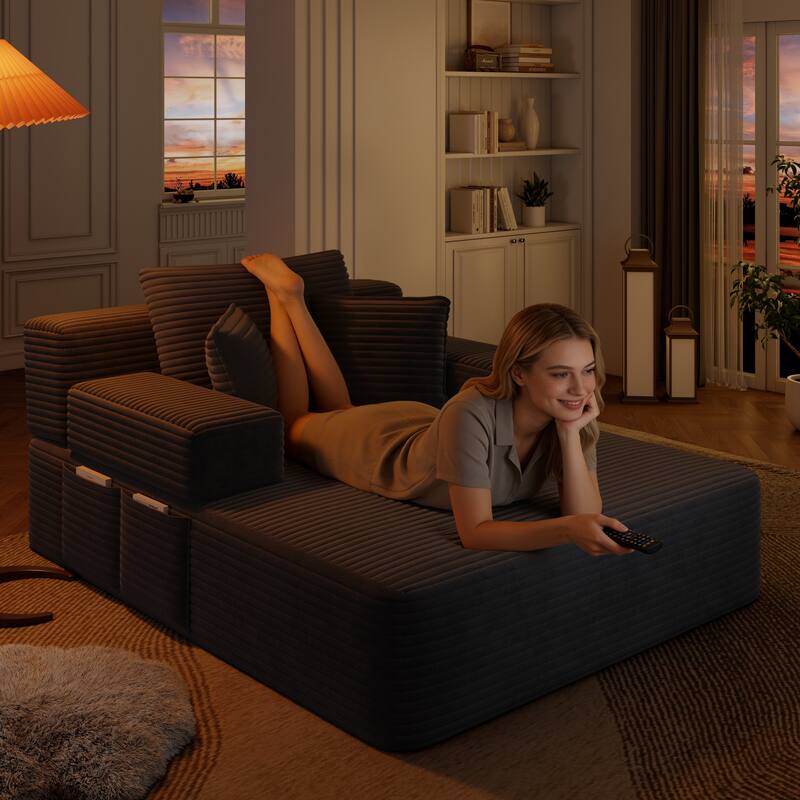 Luxurious Plush Corduroy Chaise Lounge Convertible Sofa Bed with Storage Pocket and Wide Armrests