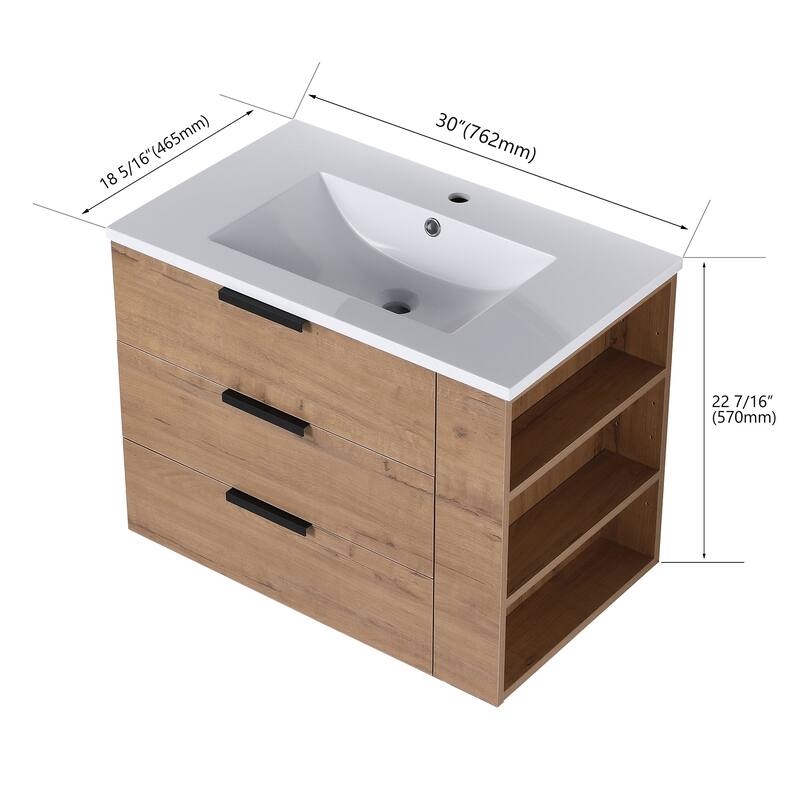 30 Inch Wall Mounted Plywood Bathroom Vanity with Resin Basin and Drawers