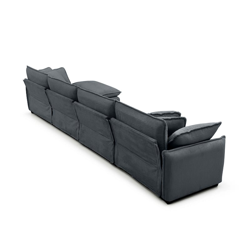 Grey 150" Corduroy 4-Seater Modular Sectional Sofa, 6 Pillows & Free Combination